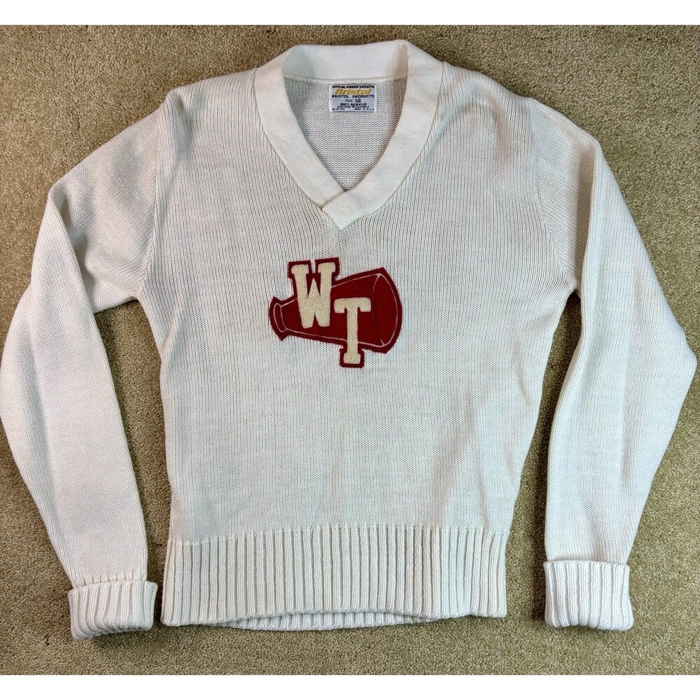 Vintage Bristol Products 70s Made in USA White WT Size 38 Cheerleading Sweater